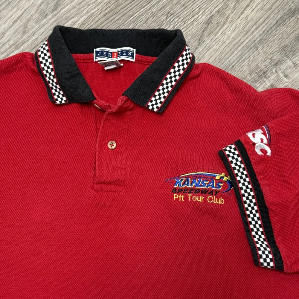 Vintage Jerzees Kansas Speedway Pit Tour Club Polo Shirt Red Mens XL Checkered